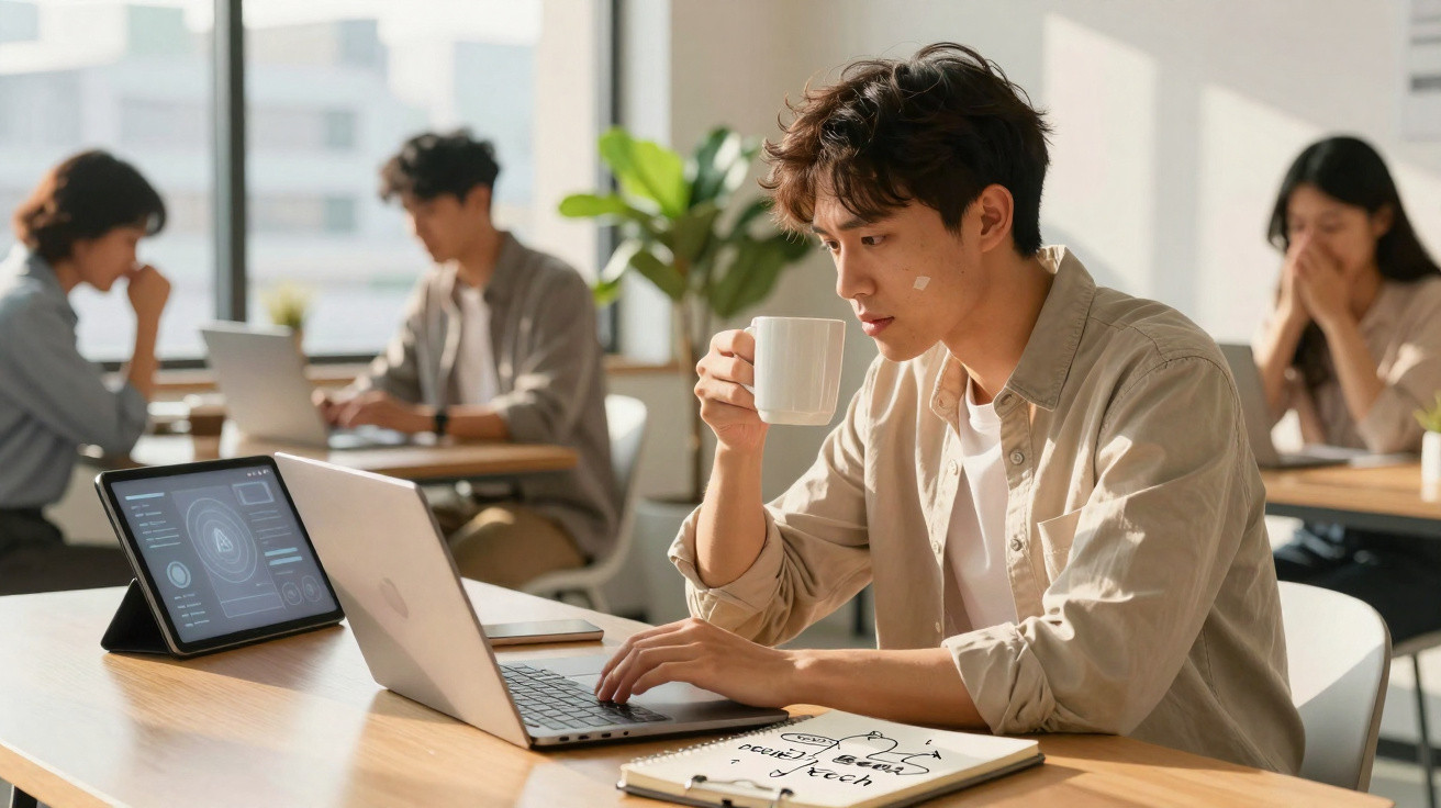 Jovem sentado em mesa com notebook e café, trabalhando em ambiente com outras pessoas ao fundo.