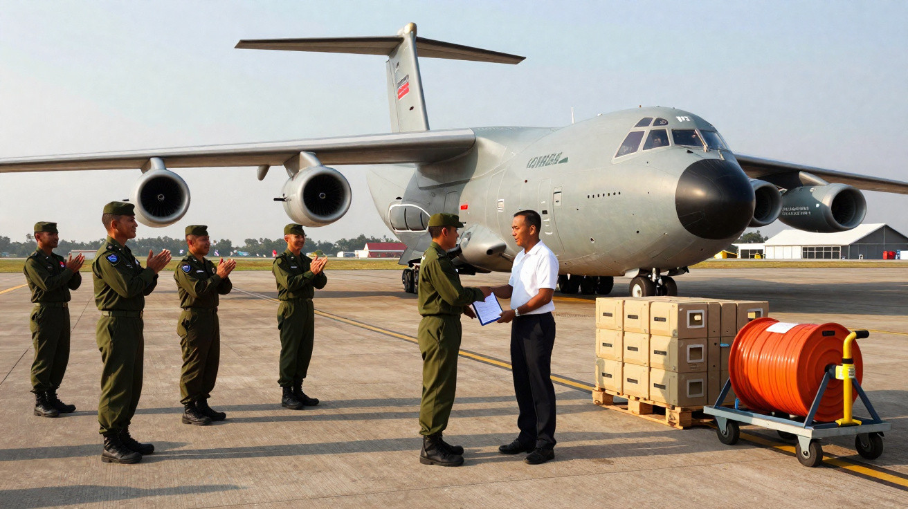 Militares em uniforme cumprimentam-se em frente a avião de cargueiro militar em pista de aeroporto.
