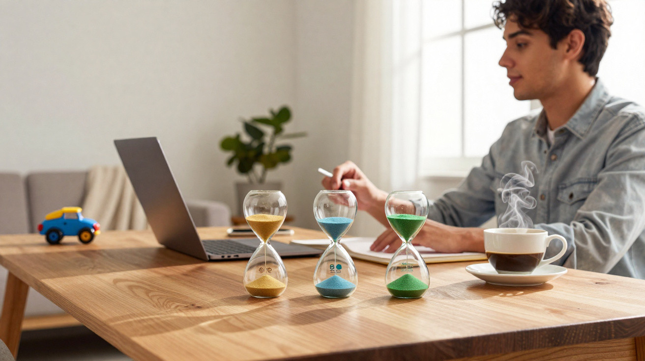 Homem trabalhando no computador com três ampulhetas e uma xícara de café na mesa de madeira.