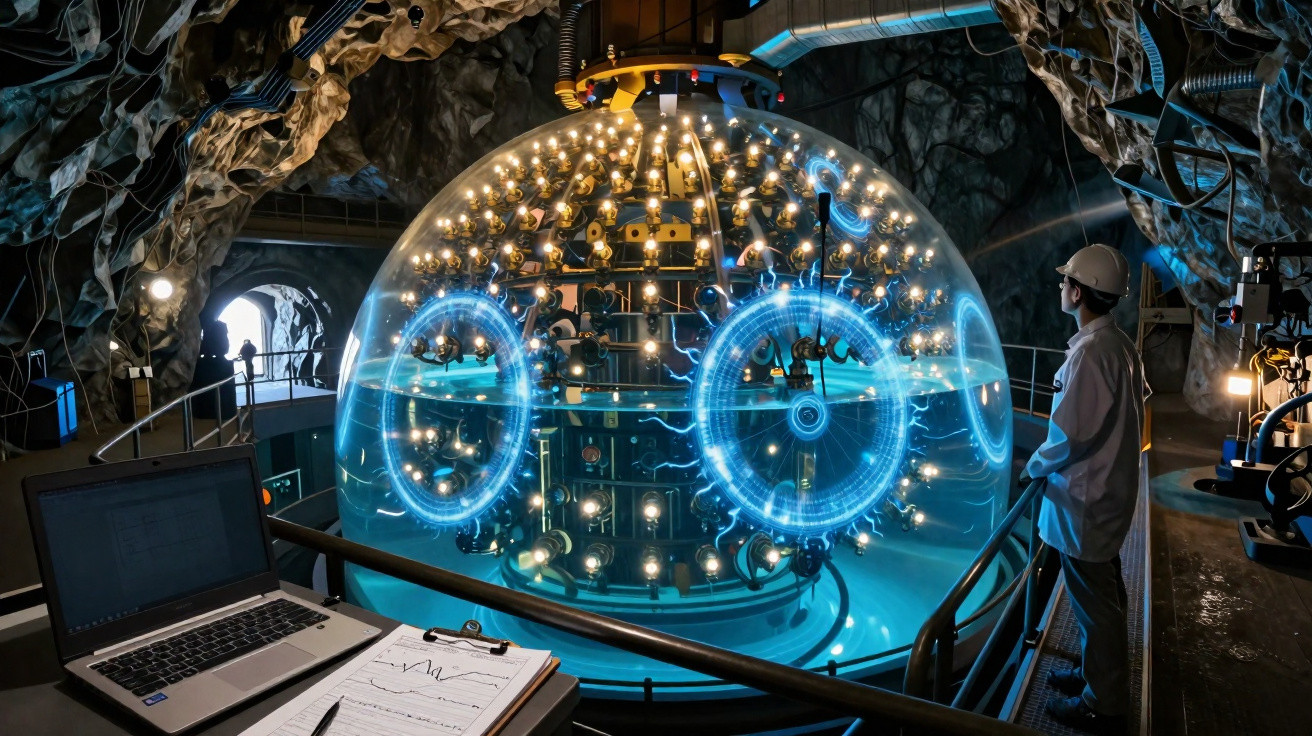 Cientista observa detector de neutrinos esférico subterrâneo em laboratório com computador e caderno.