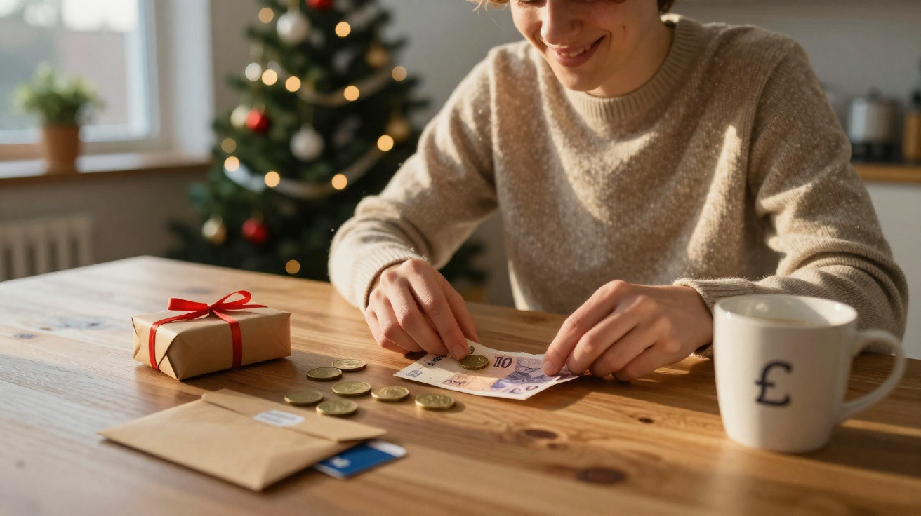 Pessoa contando dinheiro em moeda e cédulas britânicas, com presente e caneca numa mesa decorada para Natal.