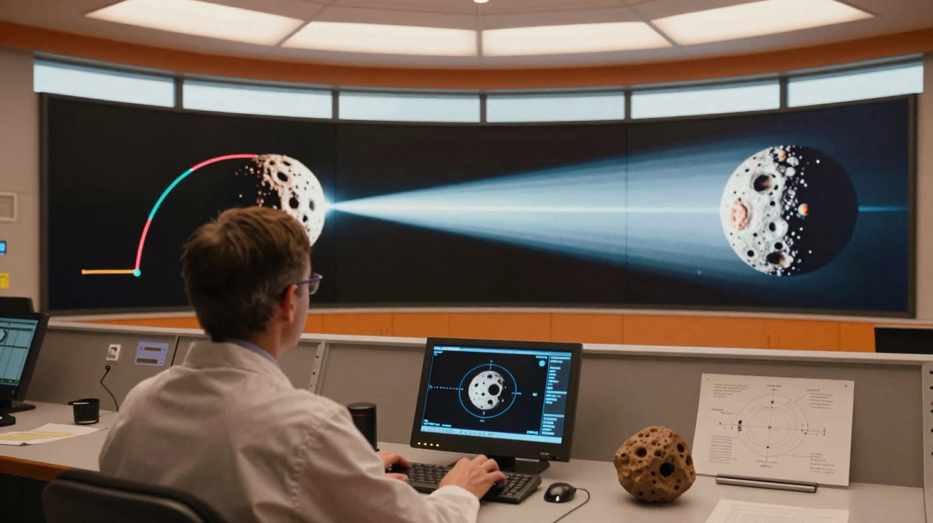 Pessoa em sala de controle observa simulação digital da trajetória de uma sonda na superfície lunar em telas grandes.