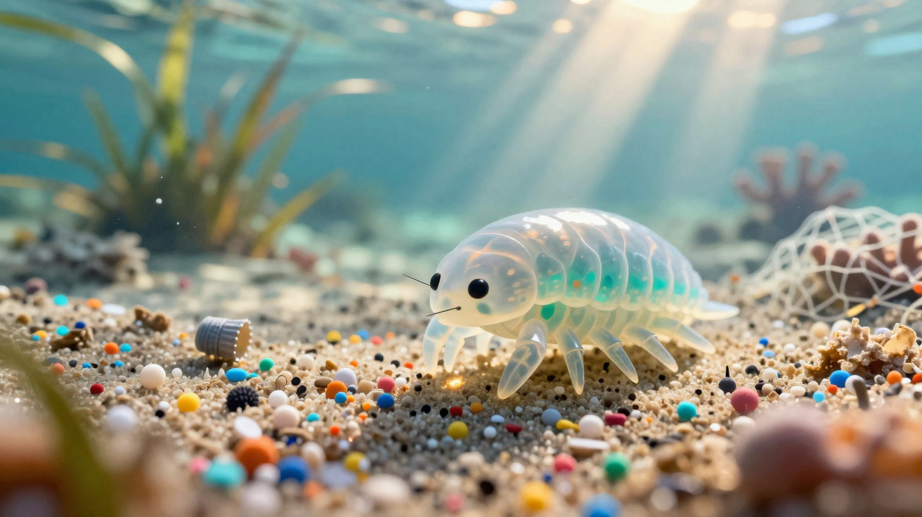 Crustáceo transparente com olhos pretos em areia com microplásticos coloridos em ambiente subaquático iluminado.