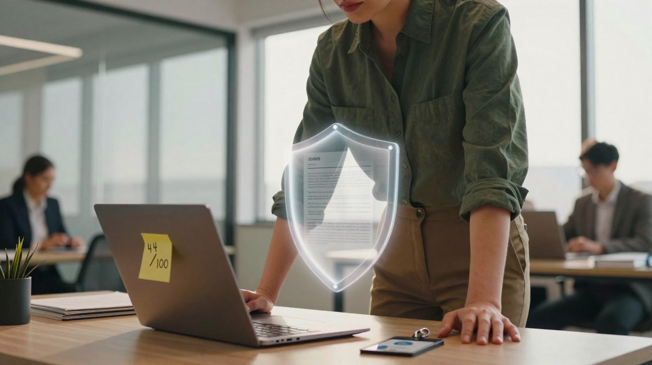 Pessoa em pé usando proteção digital holográfica diante de laptop em ambiente de escritório moderno.