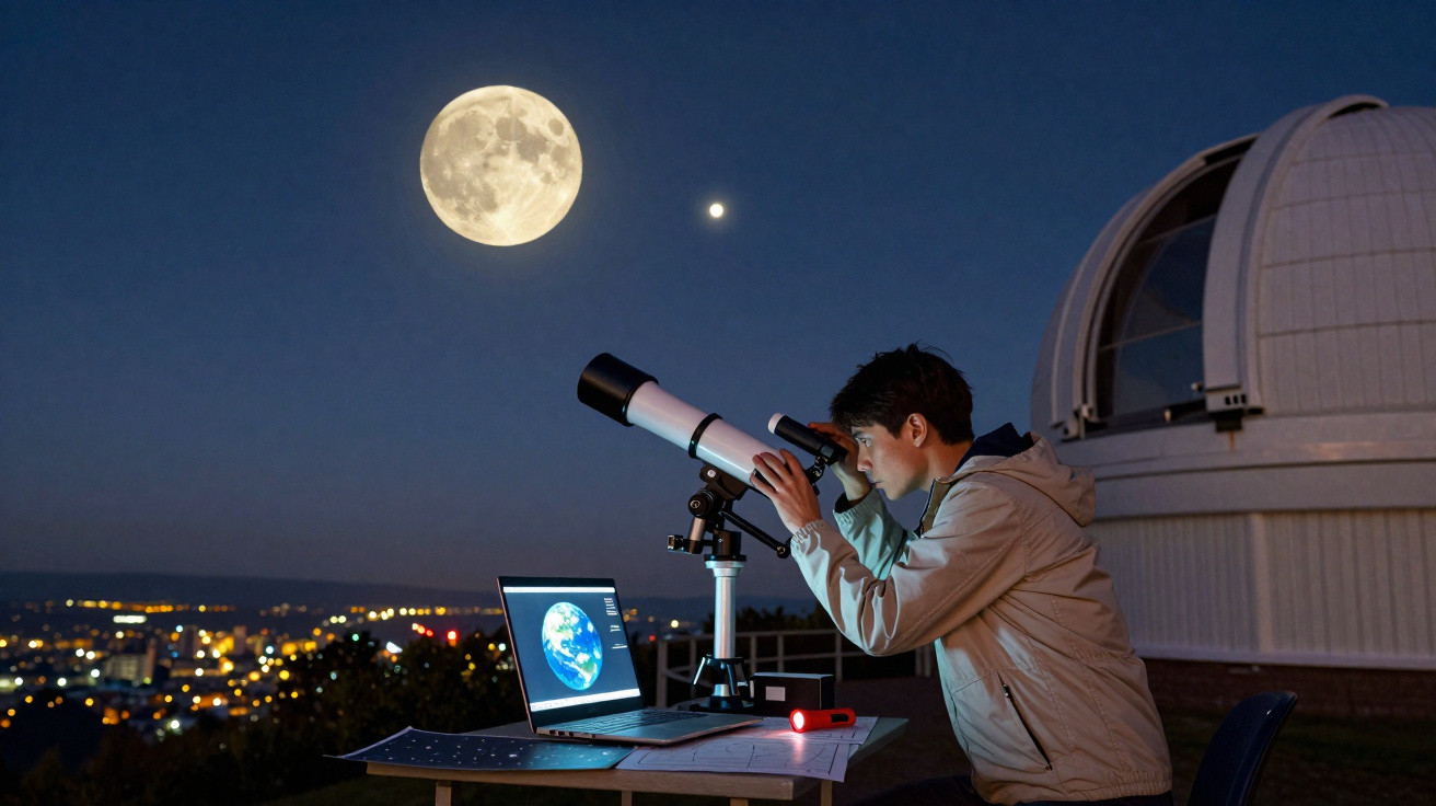 Jovem observando a lua com telescópio à noite, com laptop aberto e observatório ao fundo.
