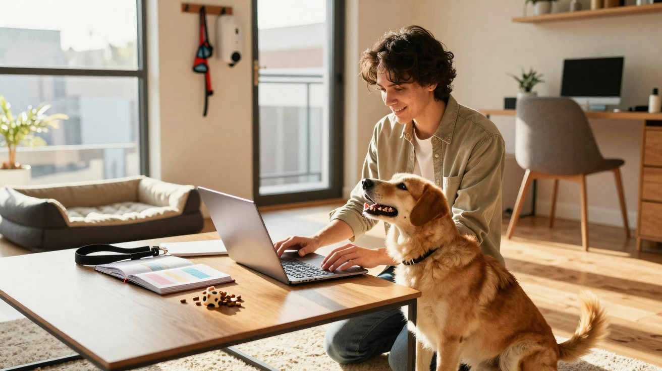 Jovem sentado no chão usando laptop com cachorro ao lado e petiscos na mesa em ambiente iluminado.