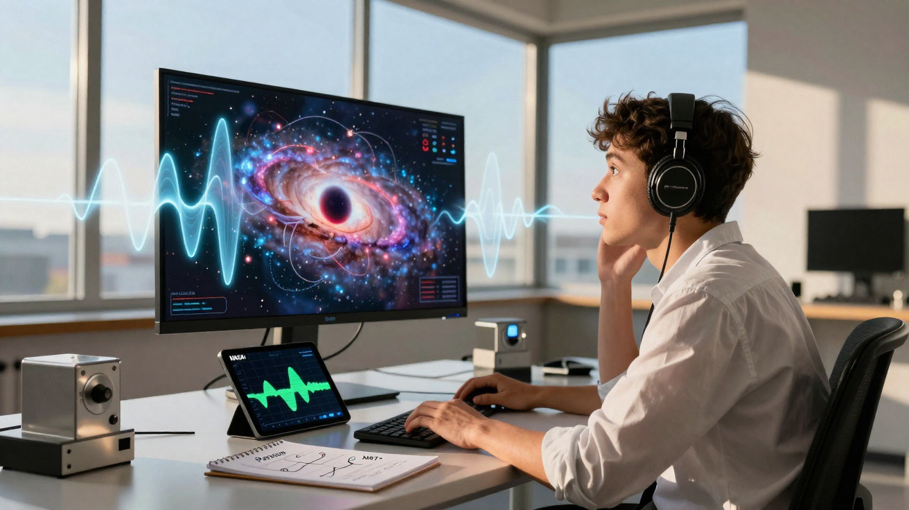 Jovem usando fones, analisando gráfico e imagem de buraco negro em tela de computador no escritório.