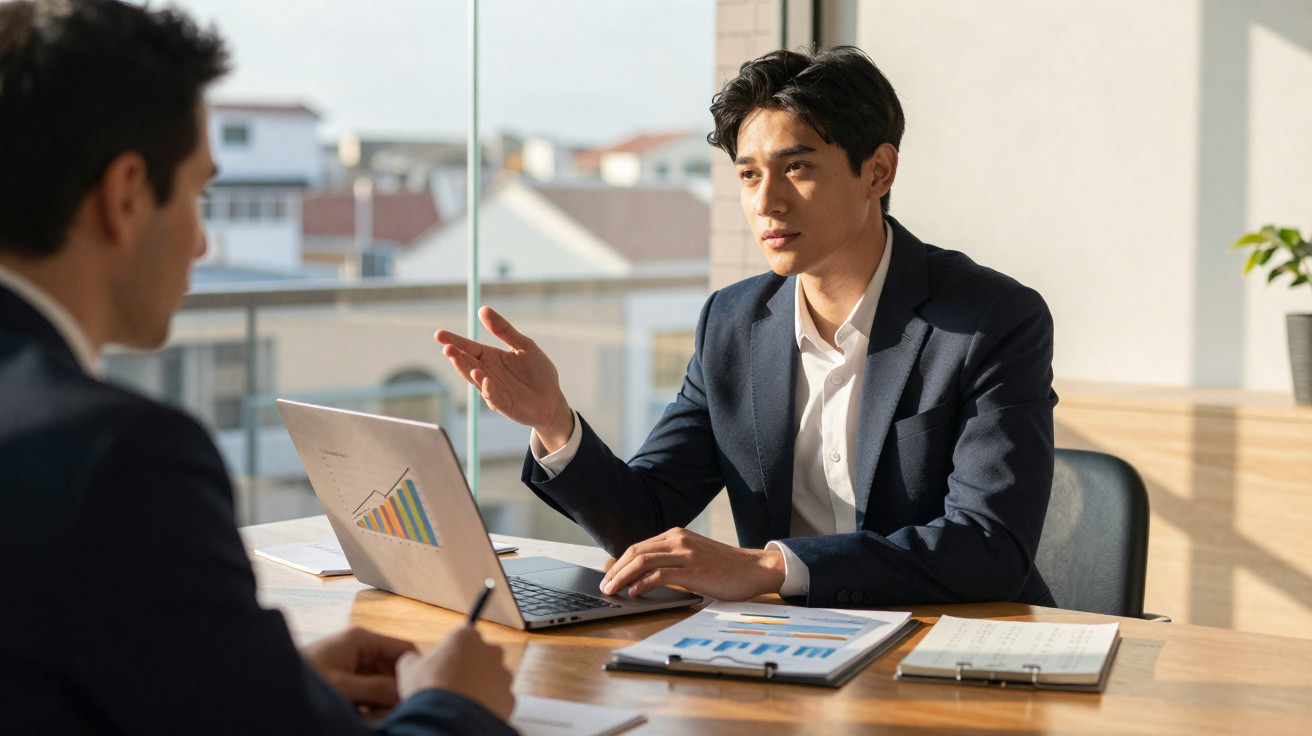 Dois homens em reunião de negócios, um apresenta dados em laptop e planilhas em mesa iluminada.