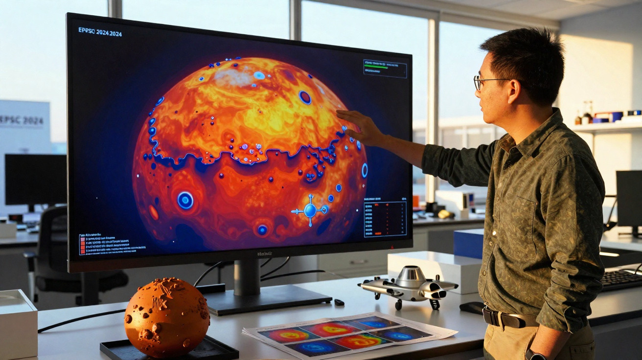 Homem analisando mapa térmico detalhado de planeta vermelho em tela grande dentro de laboratório moderno.
