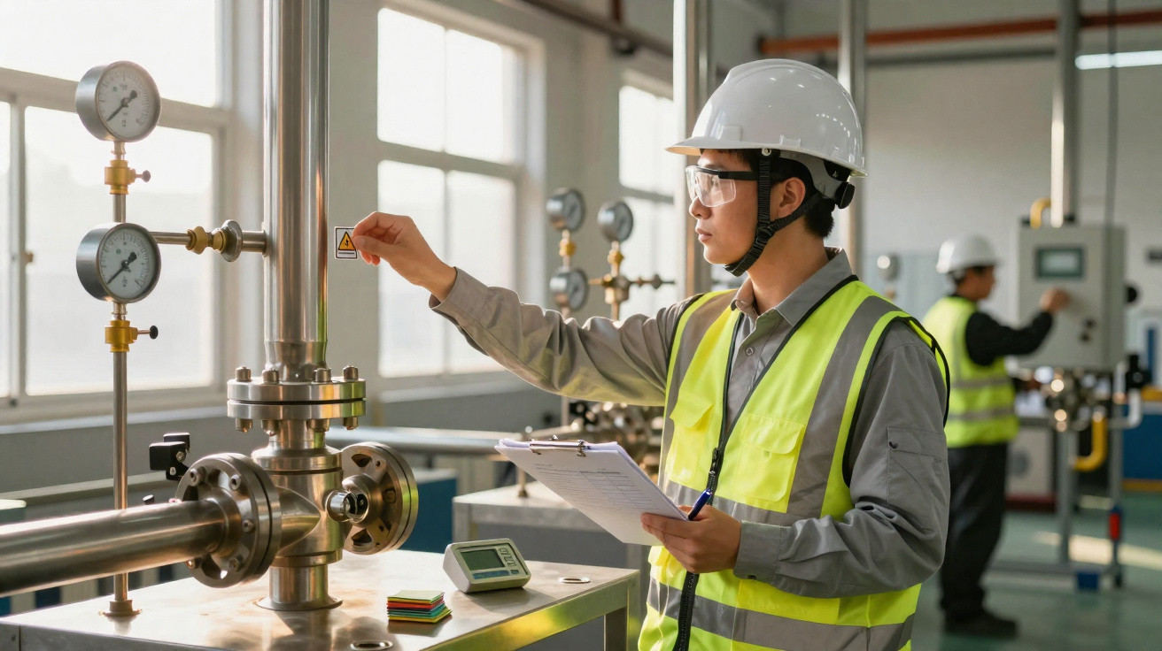 Engenheiro com colete e capacete inspecionando equipamento industrial e tubos metálicos em fábrica.