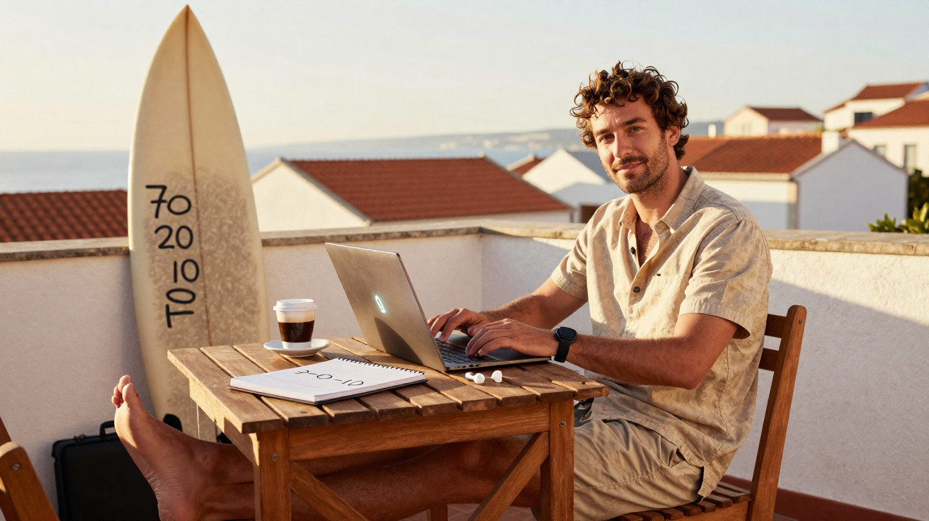Homem sentado em varanda com prancha de surf, usando laptop em mesa de madeira com café e caderno.