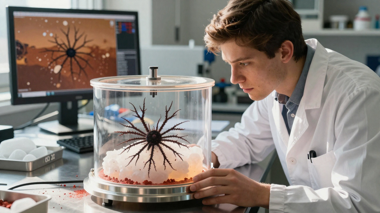 Jovem cientista observa criatura estranha em câmara de vidro dentro de laboratório moderno.