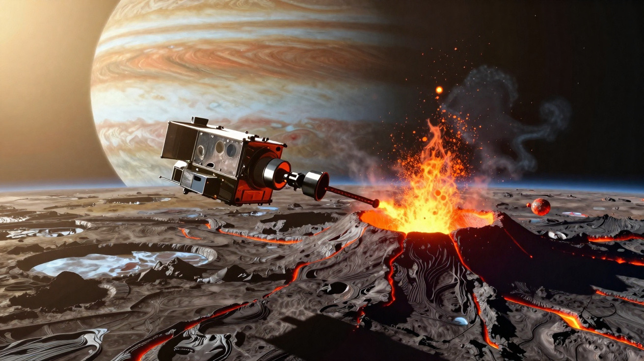 Sonda espacial estudando erupção vulcânica em uma lua com planeta gigante ao fundo.
