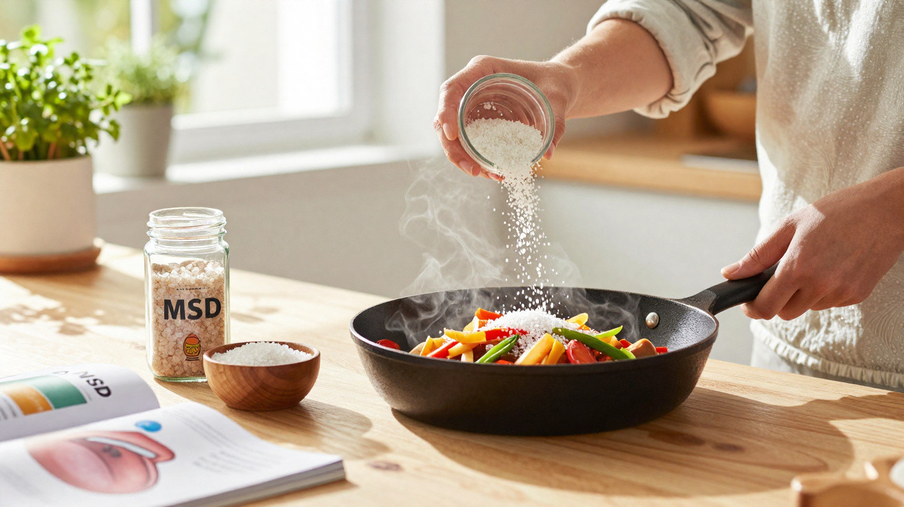 Pessoa adicionando sal grosso em legumes coloridos refogando em frigideira na cozinha iluminada.