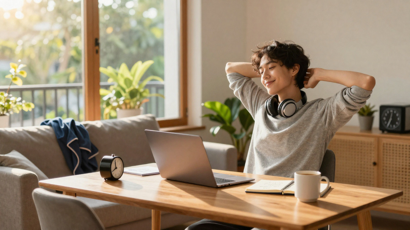 Pessoa jovem relaxando em casa com fones no pescoço, laptop e café em mesa de madeira iluminada pela luz natural.