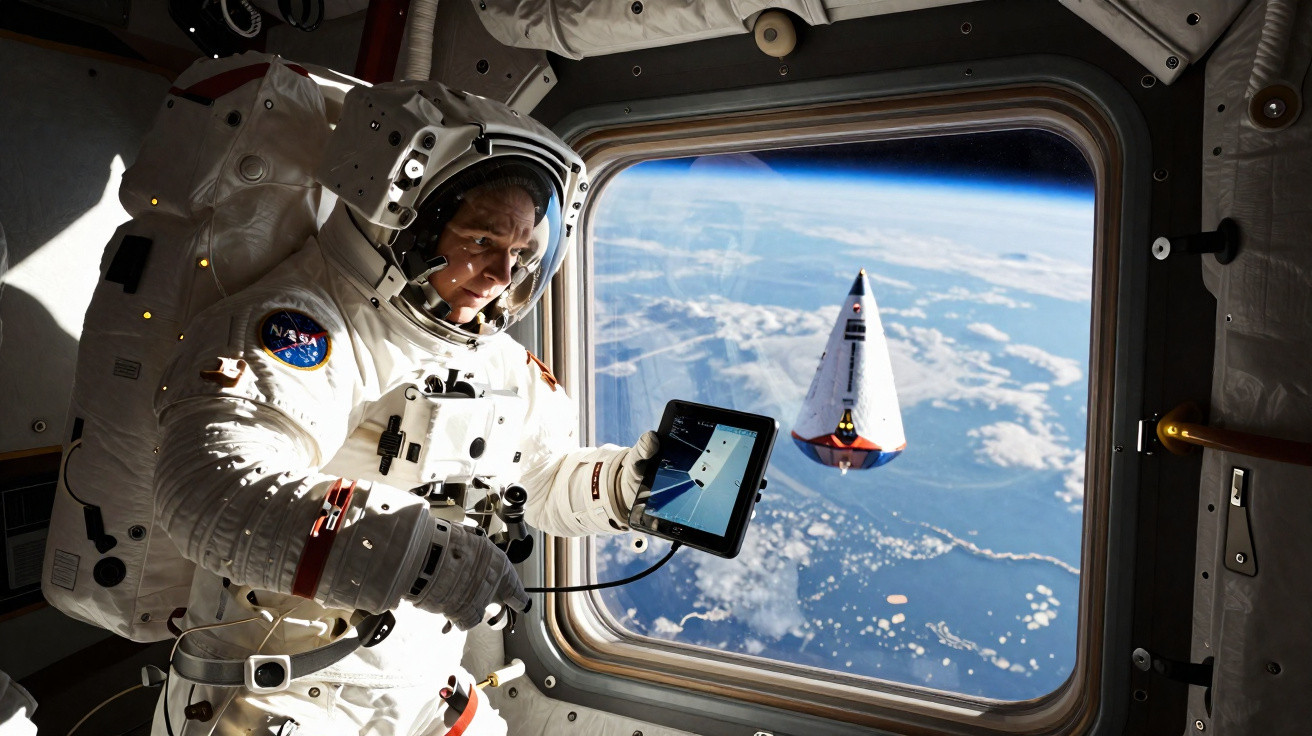 Astronauta em traje espacial segura tablet dentro de nave olhando pela janela para cápsula e a Terra.