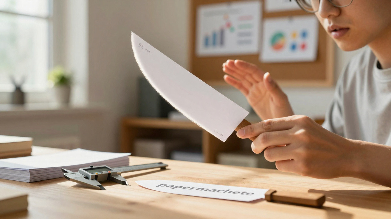 Pessoa segurando uma faca feita de papel em uma mesa com papéis e régua de medição.