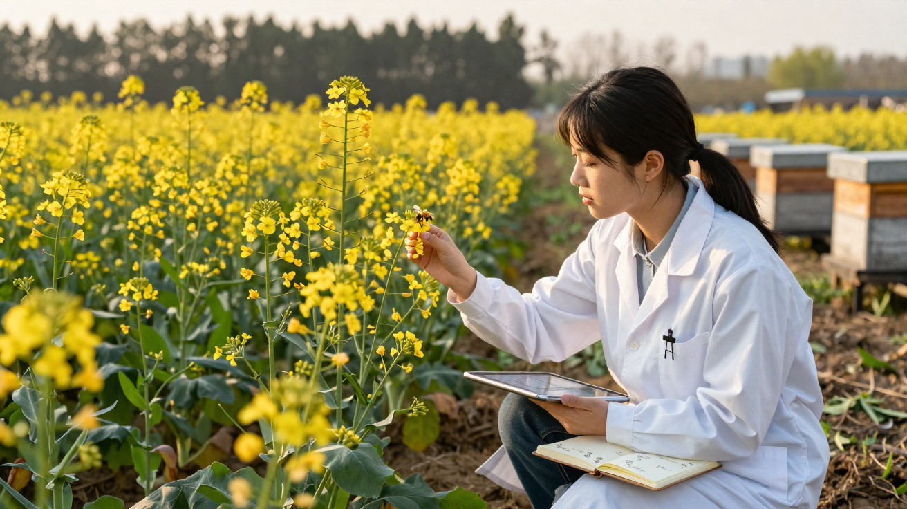 Mulher cientista analisando flores amarelas em campo, segurando prancheta e caderno, usando jaleco branco.