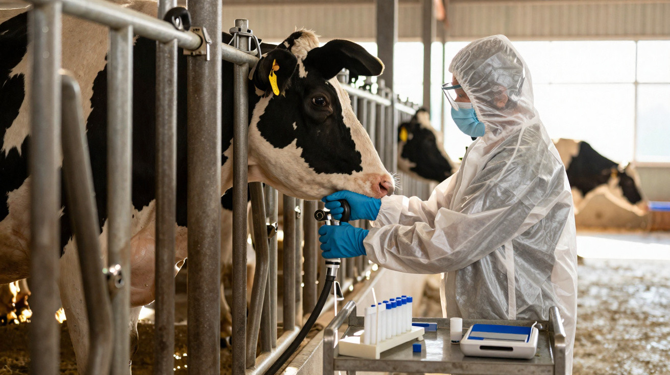 Pessoa com equipamento de proteção coletando amostras de sangue em vaca dentro de curral de fazenda.