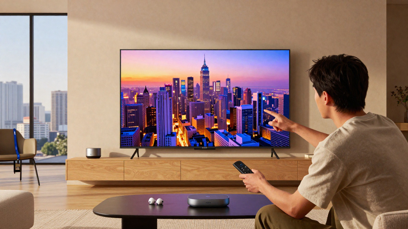 Homem sentado na sala controlando a smart TV que exibe a cidade de Nova York ao entardecer.