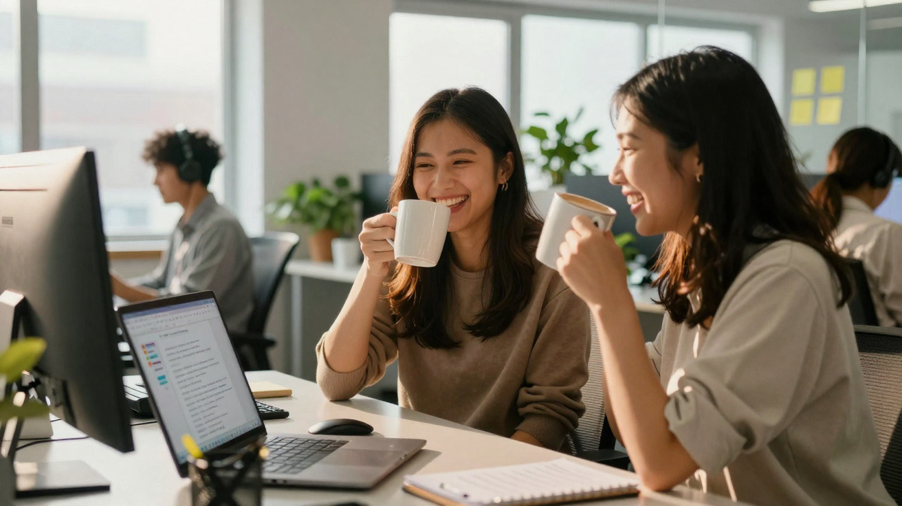 Duas mulheres sorrindo enquanto tomam café e trabalham em computadores em um escritório moderno.