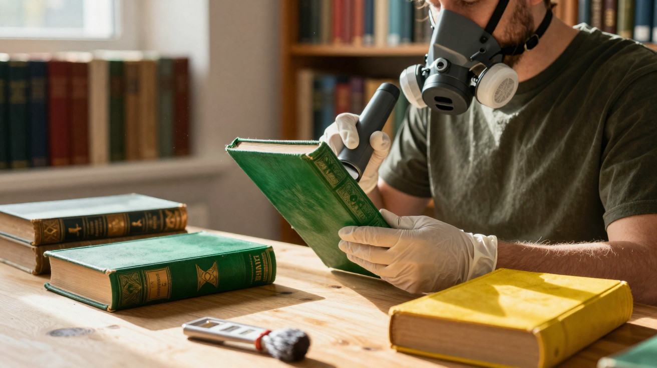 Homem com máscara protetora examina livro antigo com lanterna em mesa com outros livros e pincel.
