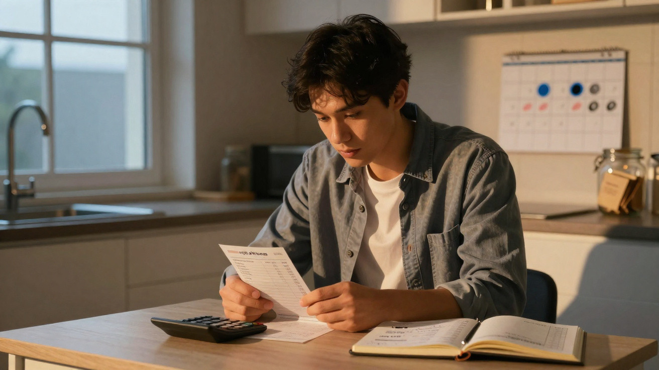 Jovem sentado à mesa da cozinha lendo uma conta, com calculadora e caderno aberto à sua frente.