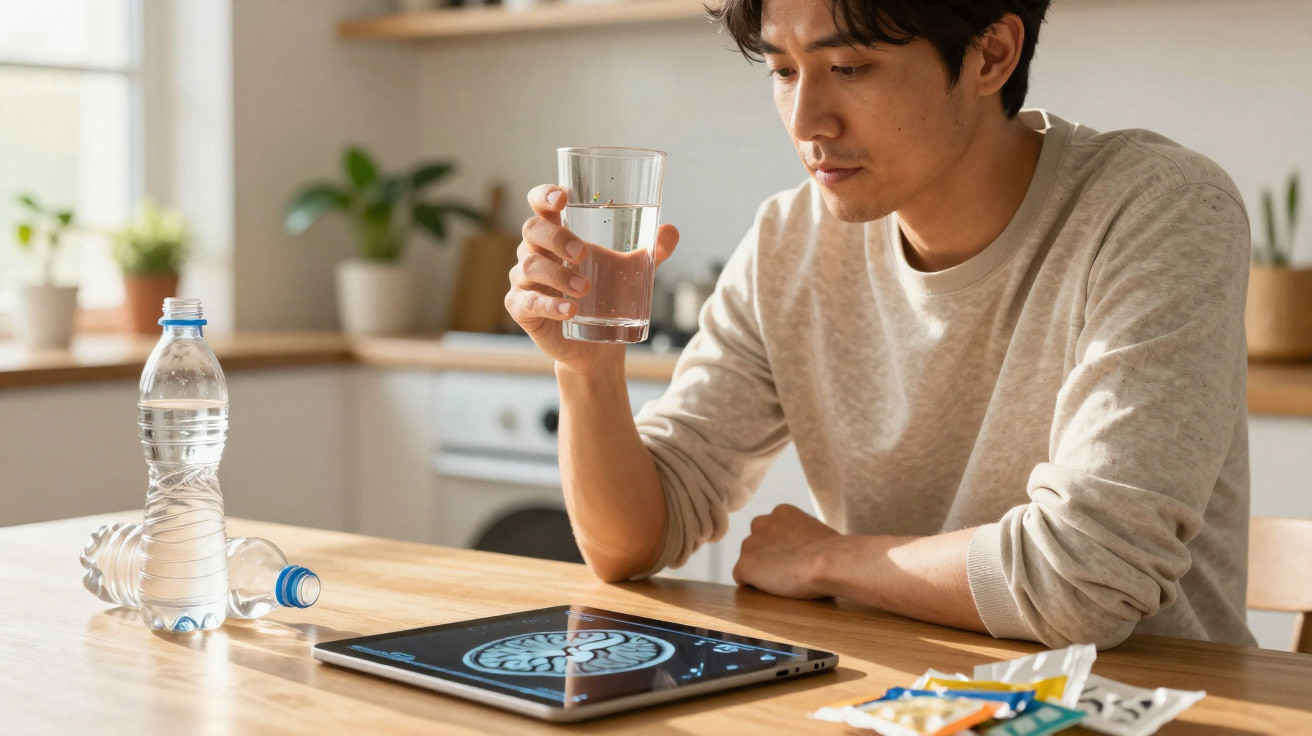 Homem sentado à mesa segurando copo de água, observando imagem de cérebro em tablet.