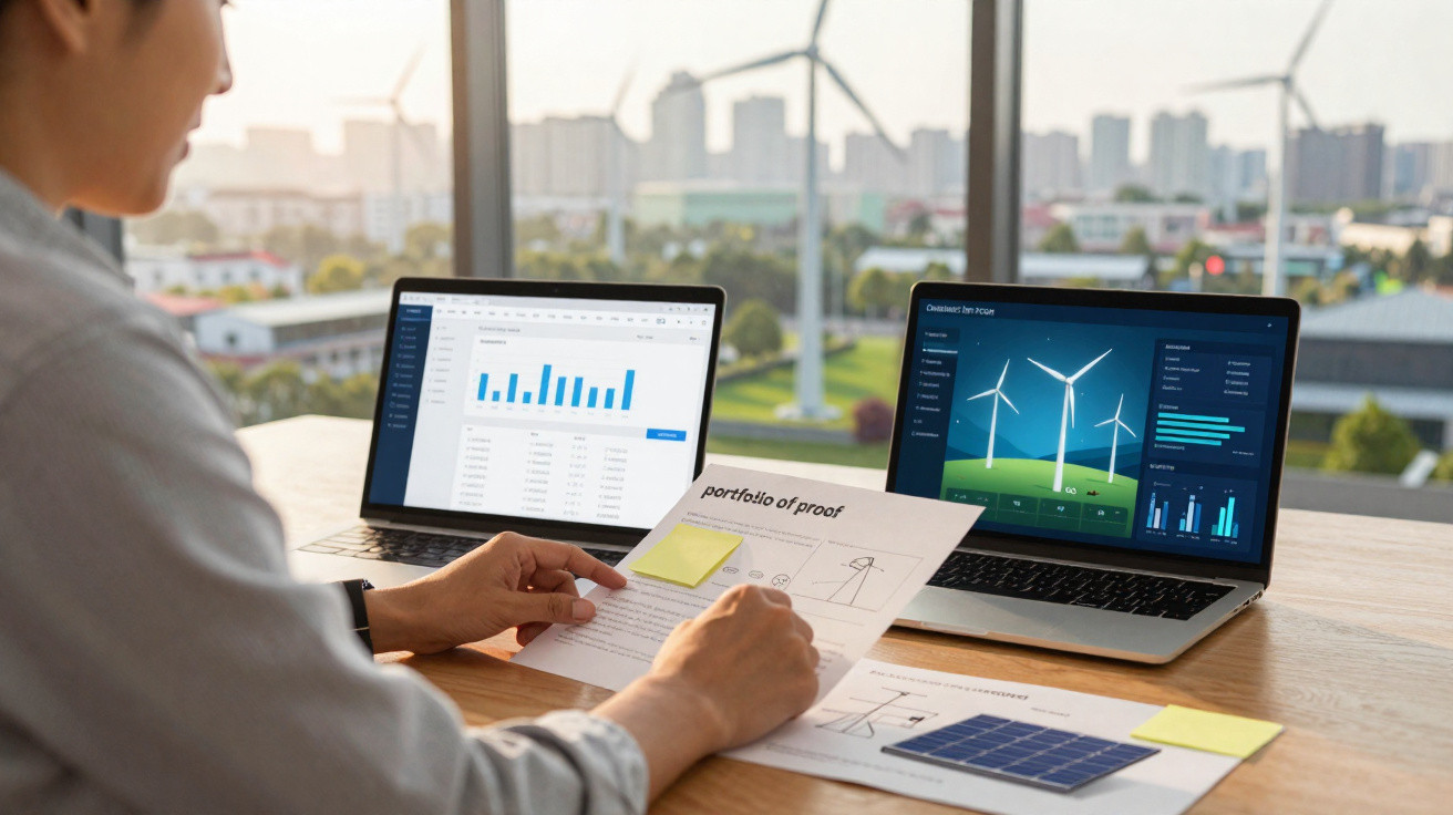 Pessoa analisando gráficos e relatórios de energia renovável em laptops, com turbinas eólicas e painéis solares ao fundo.