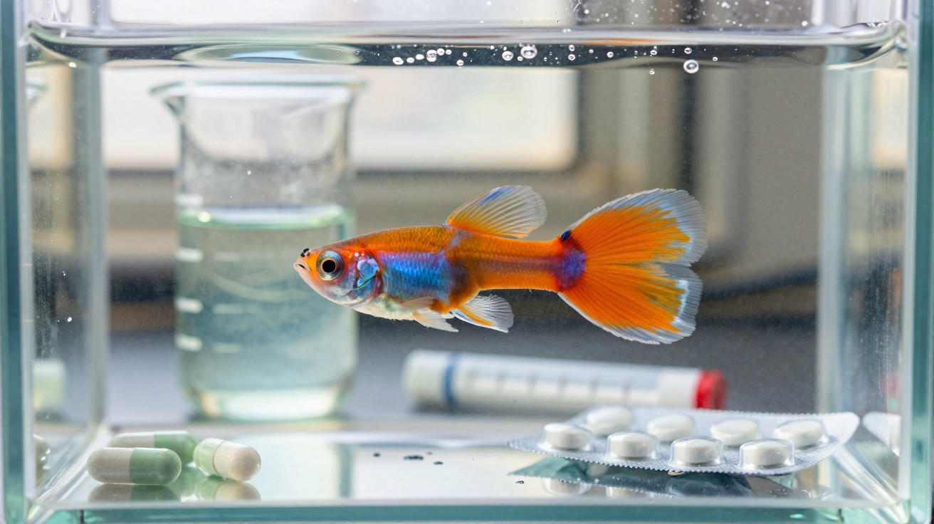 Peixe laranja e azul nadando em aquário transparente com comprimidos e ampola no fundo.