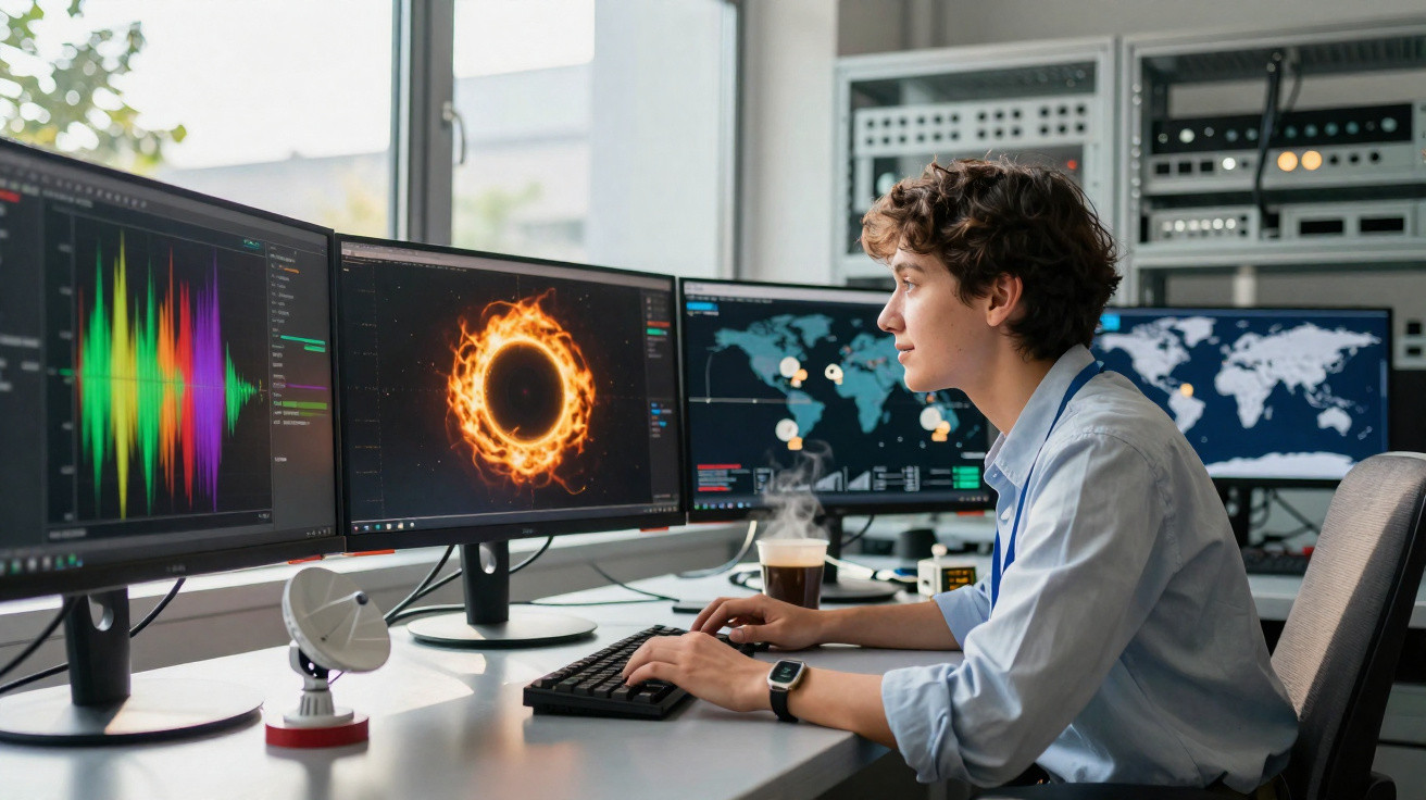 Pessoa jovem em estação de trabalho com vários monitores exibindo gráficos, mapas e imagens digitais.