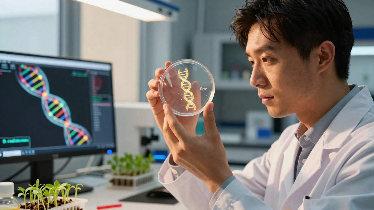 Cientista segurando placa de Petri com representação de DNA em laboratório de pesquisa genética.