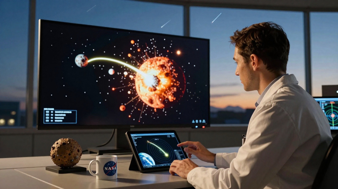 Homem com jaleco branco analisando simulação de colisão planetária em tablet e monitor com logo NASA na caneca.