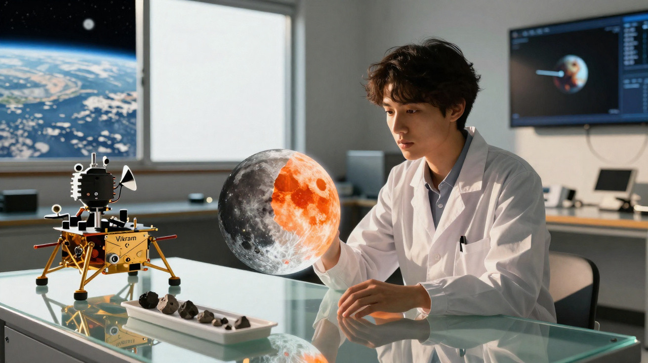 Cientista em laboratório segurando modelo iluminado da lua com equipamento lunar e amostras na mesa.