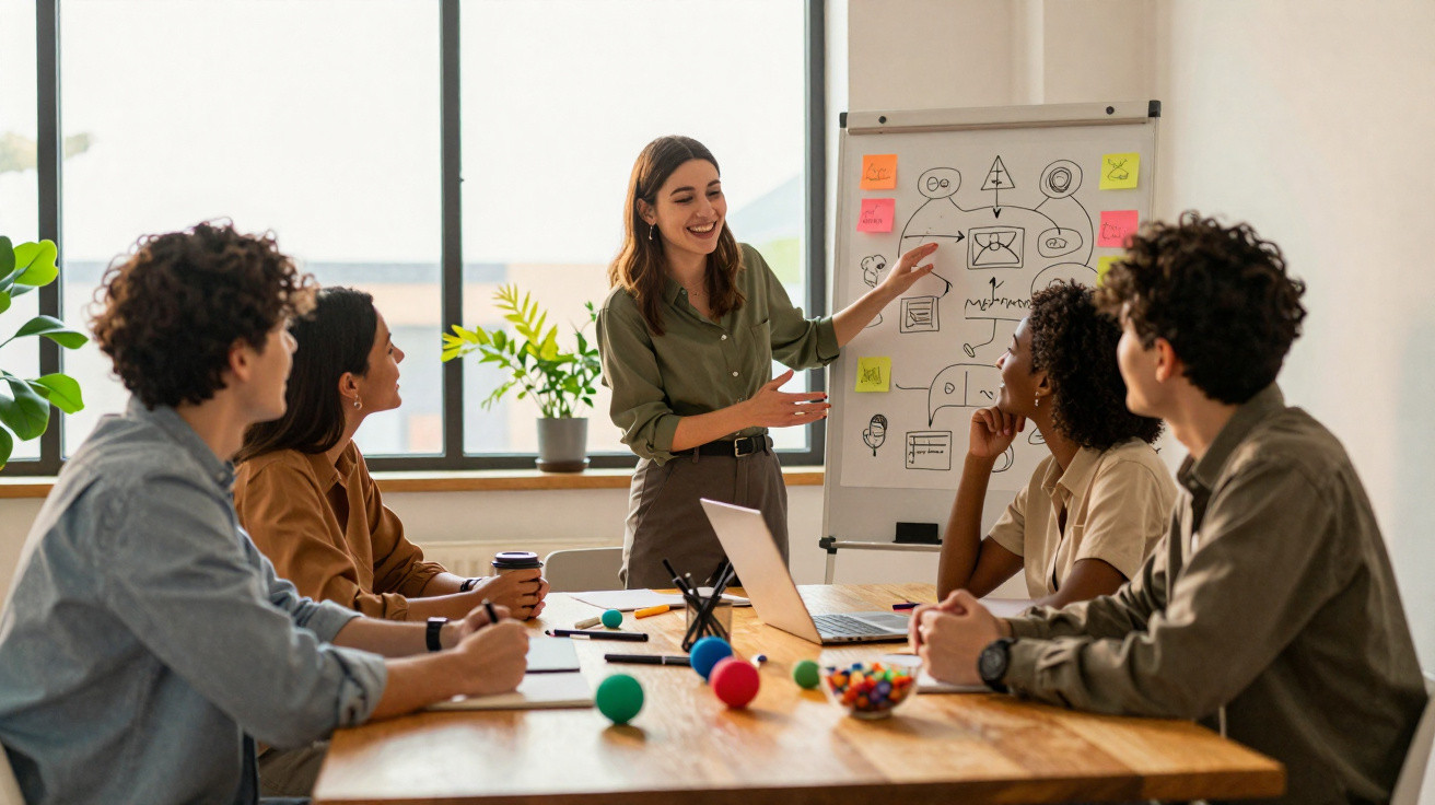 Equipe diversa em reunião de trabalho com apresentação em quadro branco em escritório moderno.