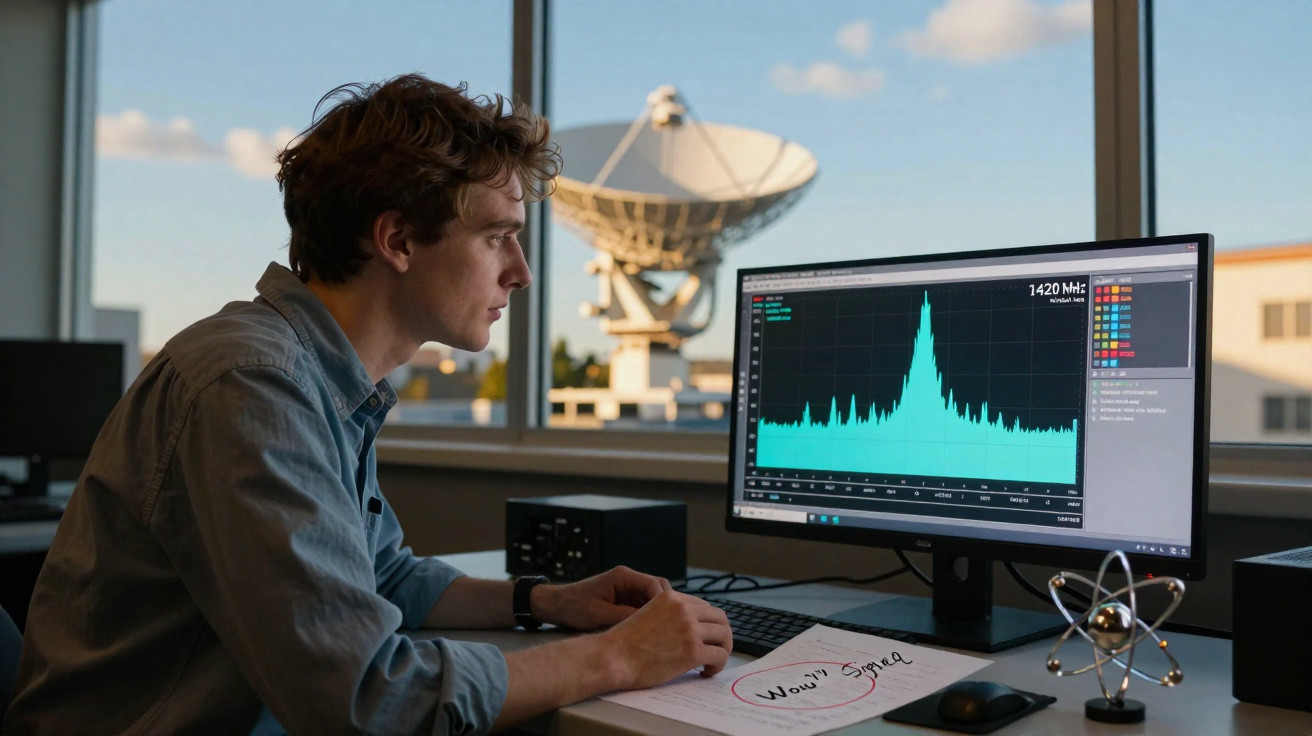 Jovem analisando gráfico de ondas de rádio 1420 MHz em computador, com antena parabólica ao fundo.