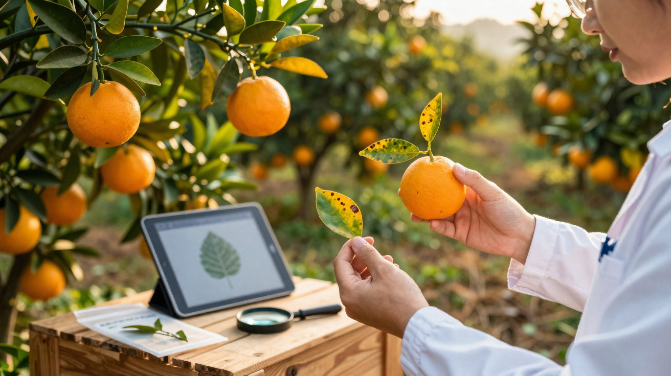 Pesquisador analisa folhas afetadas em pomar de laranjas com lupa e tablet sobre caixa de madeira.
