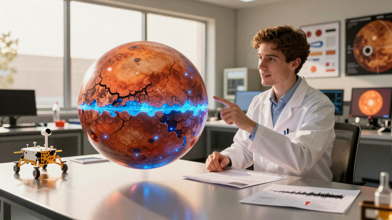 Cientista analisando modelo flutuante de planeta em laboratório com equipamento tecnológico ao fundo.