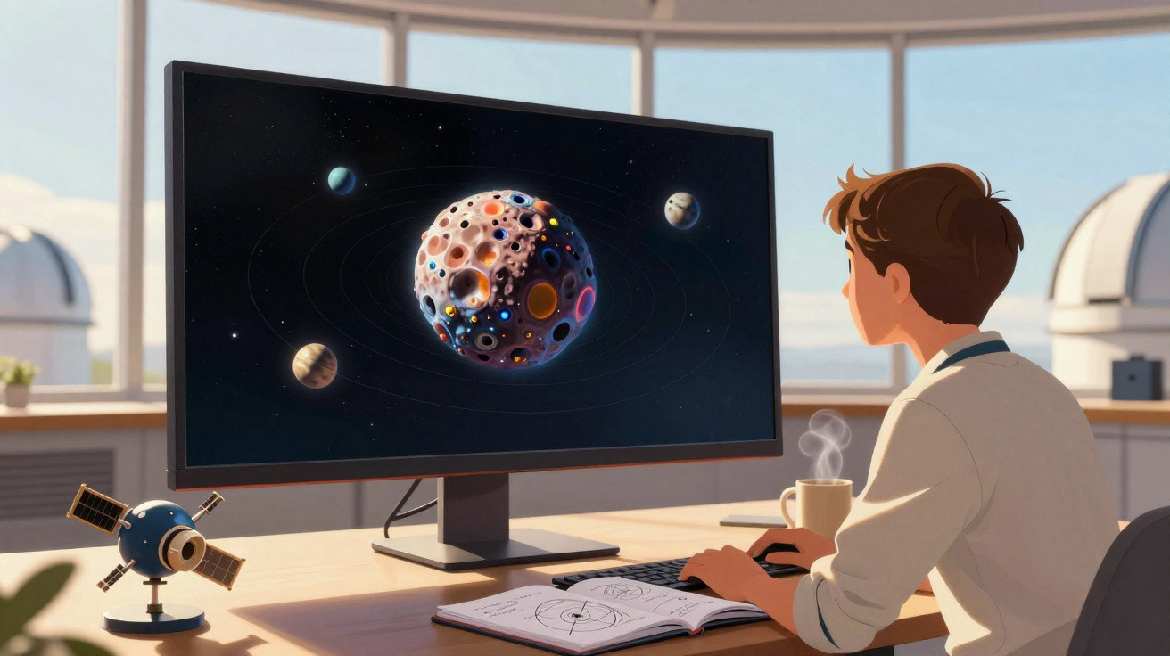 Jovem estudando sistema solar em computador com caderno aberto e satélite em mesa iluminada por luz natural.