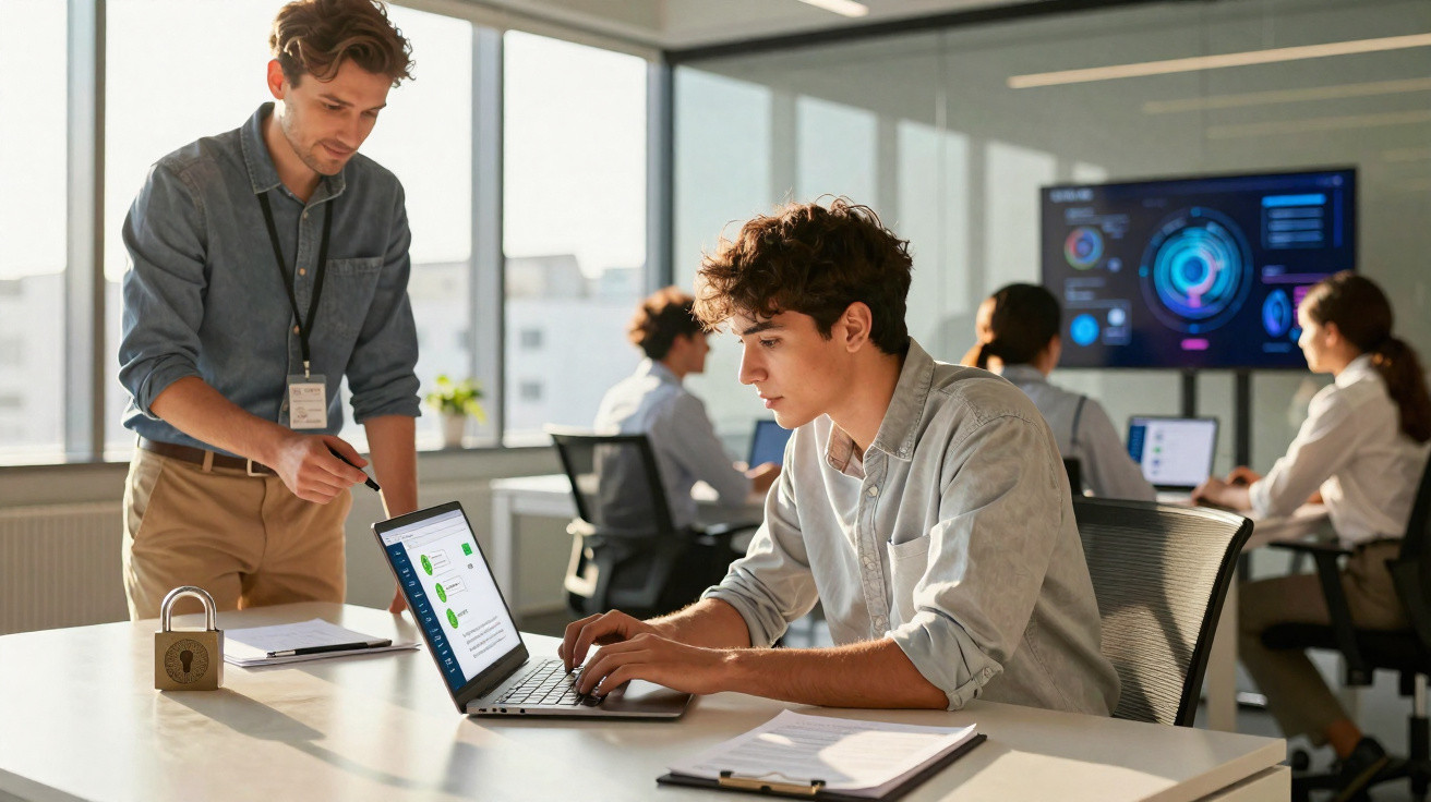 Homens e mulheres trabalhando em escritório moderno com computadores e gráficos na tela.