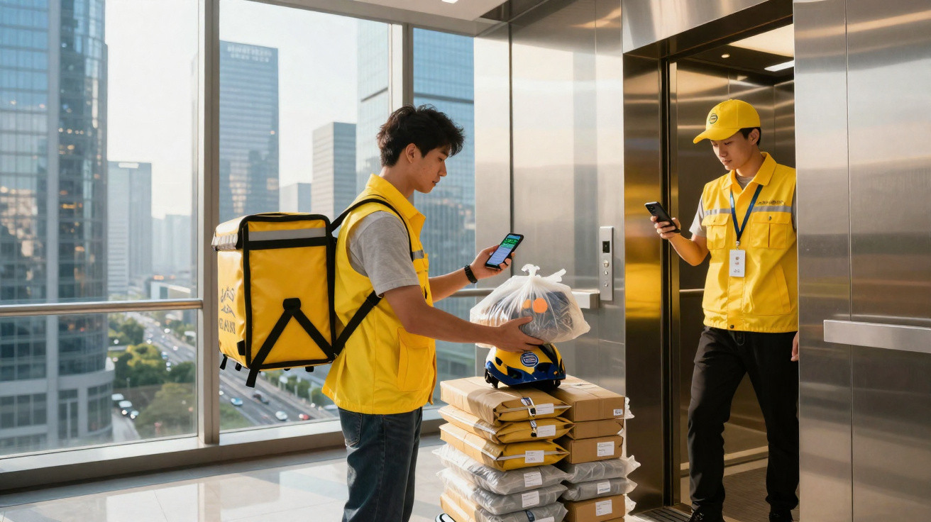 Dois entregadores usando coletes amarelos conferem pedidos em corredores de edifício moderno.