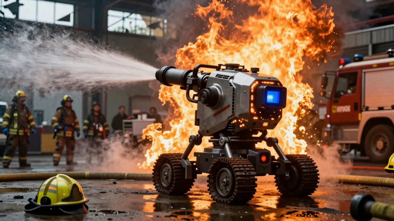 Robô com jato d’água combatendo incêndio em ambiente industrial com bombeiros ao fundo.