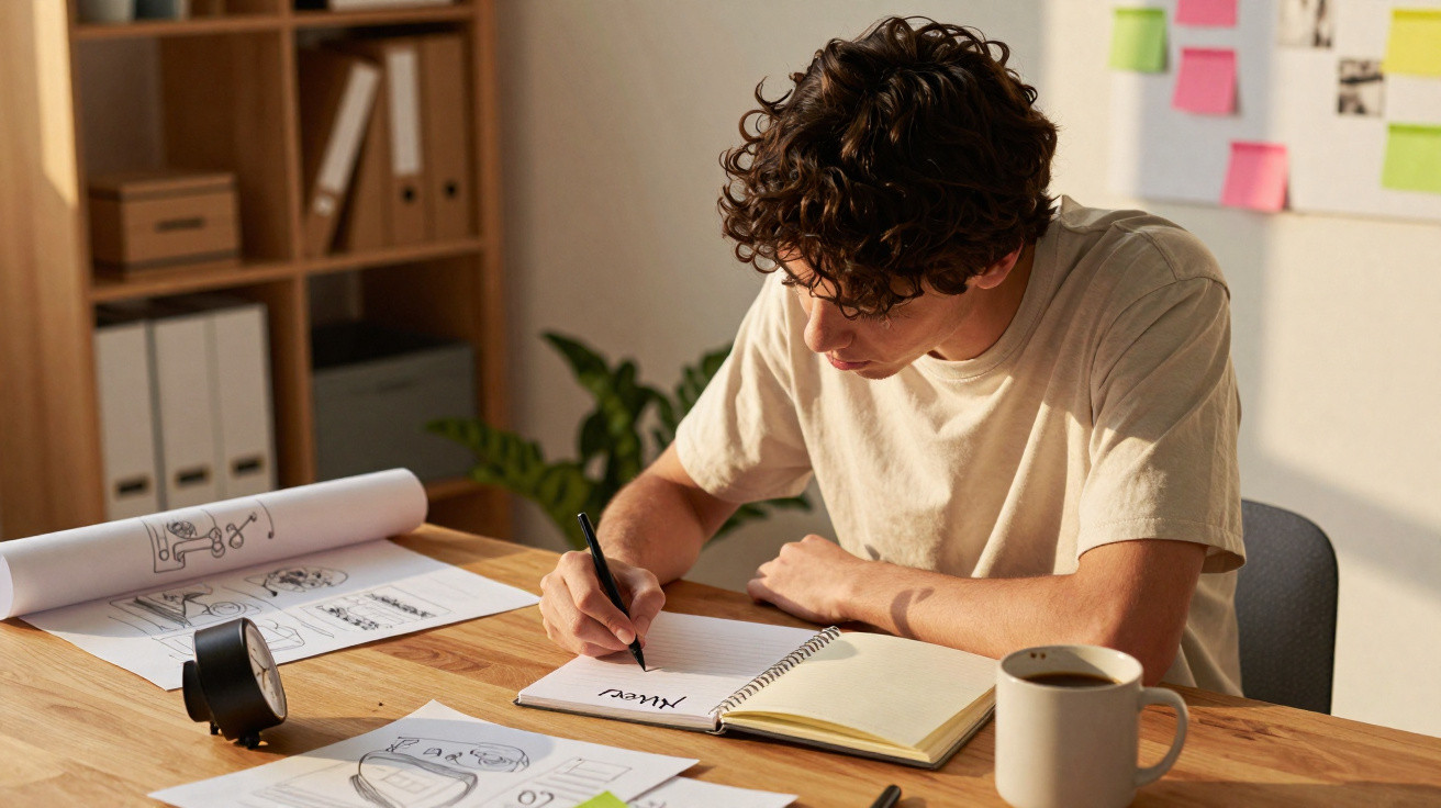Jovem sentado à mesa escrevendo em um caderno com café, desenhos e relógio no ambiente de trabalho.