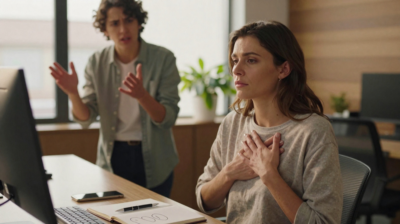 Mulher sentada com expressão triste e mãos no peito enquanto outra pessoa discute ao fundo.