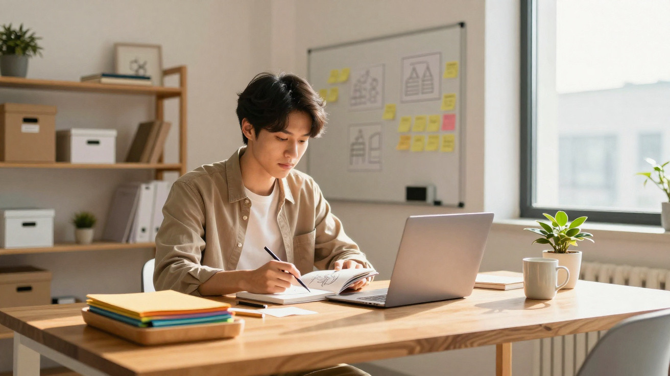 Jovem sentado à mesa escrevendo em caderno com laptop aberto em ambiente de escritório iluminado.