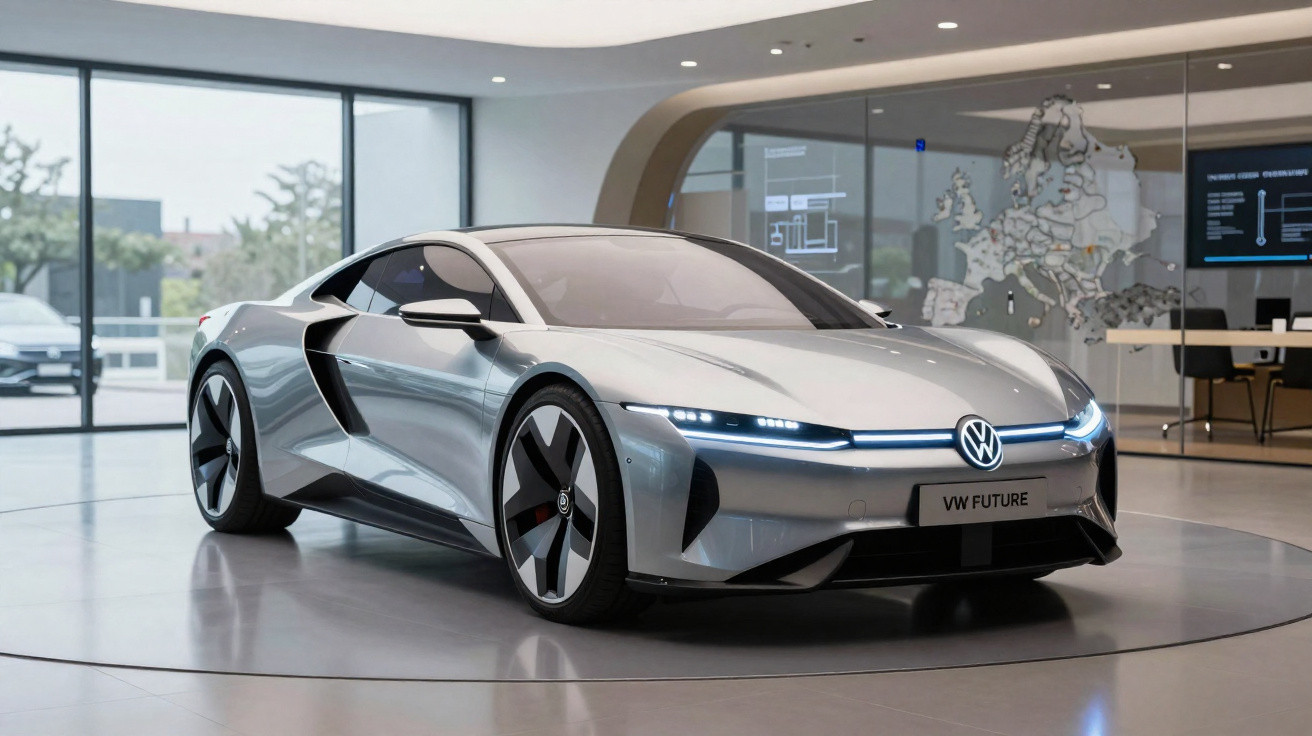 Carro esportivo elétrico prateado Volkswagen em exposição moderna com luzes LED acesas.