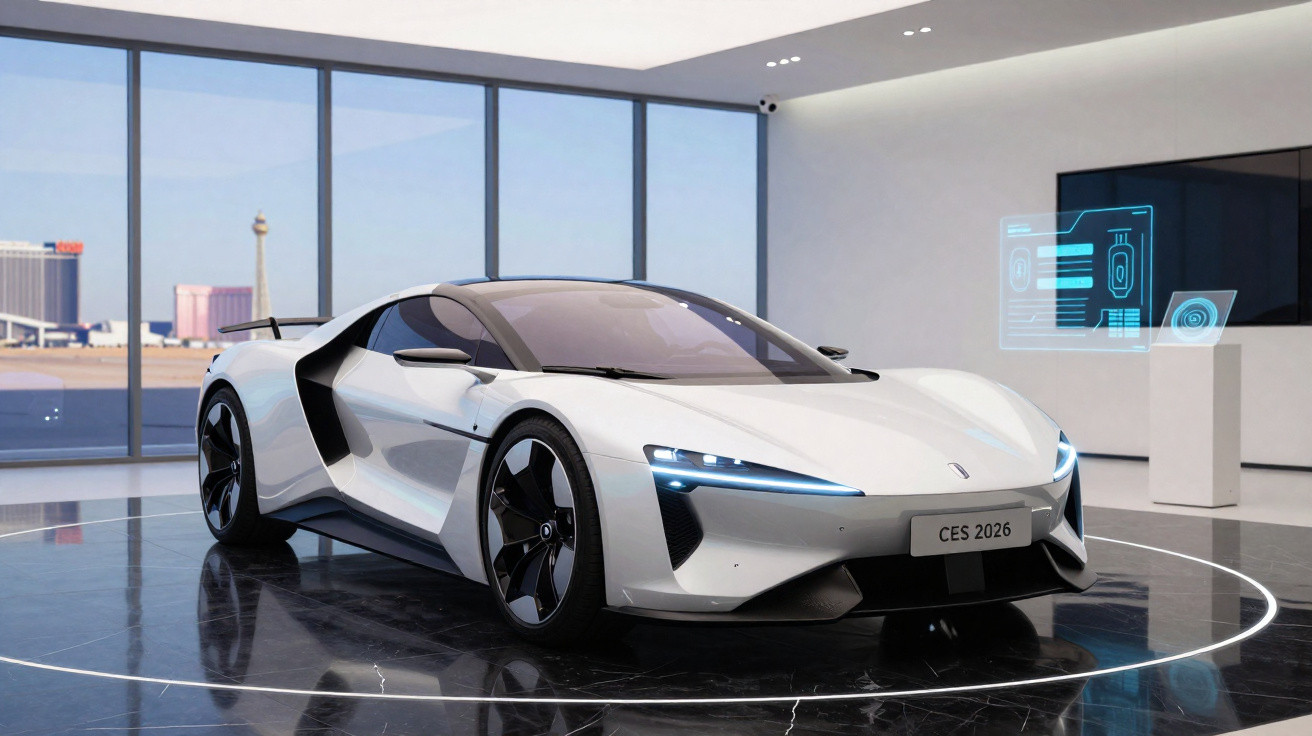 Carro esportivo branco CES 2026 com design futurista em exibição em uma sala moderna com grandes janelas.