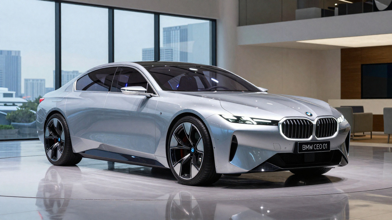 Carro prata BMW CEO 01 exibido em showroom moderno com vidro e poltronas ao fundo.