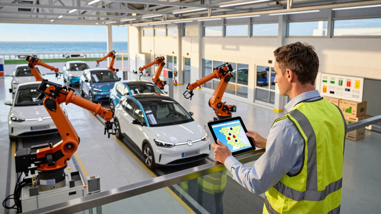 Homem com colete refletivo controla robôs industriais em linha de montagem de carros elétricos em fábrica moderna.