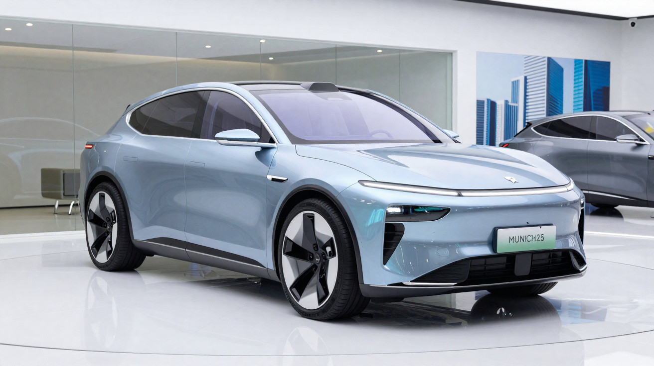 Carro elétrico azul claro com design futurista exposto em showroom moderno e minimalista.